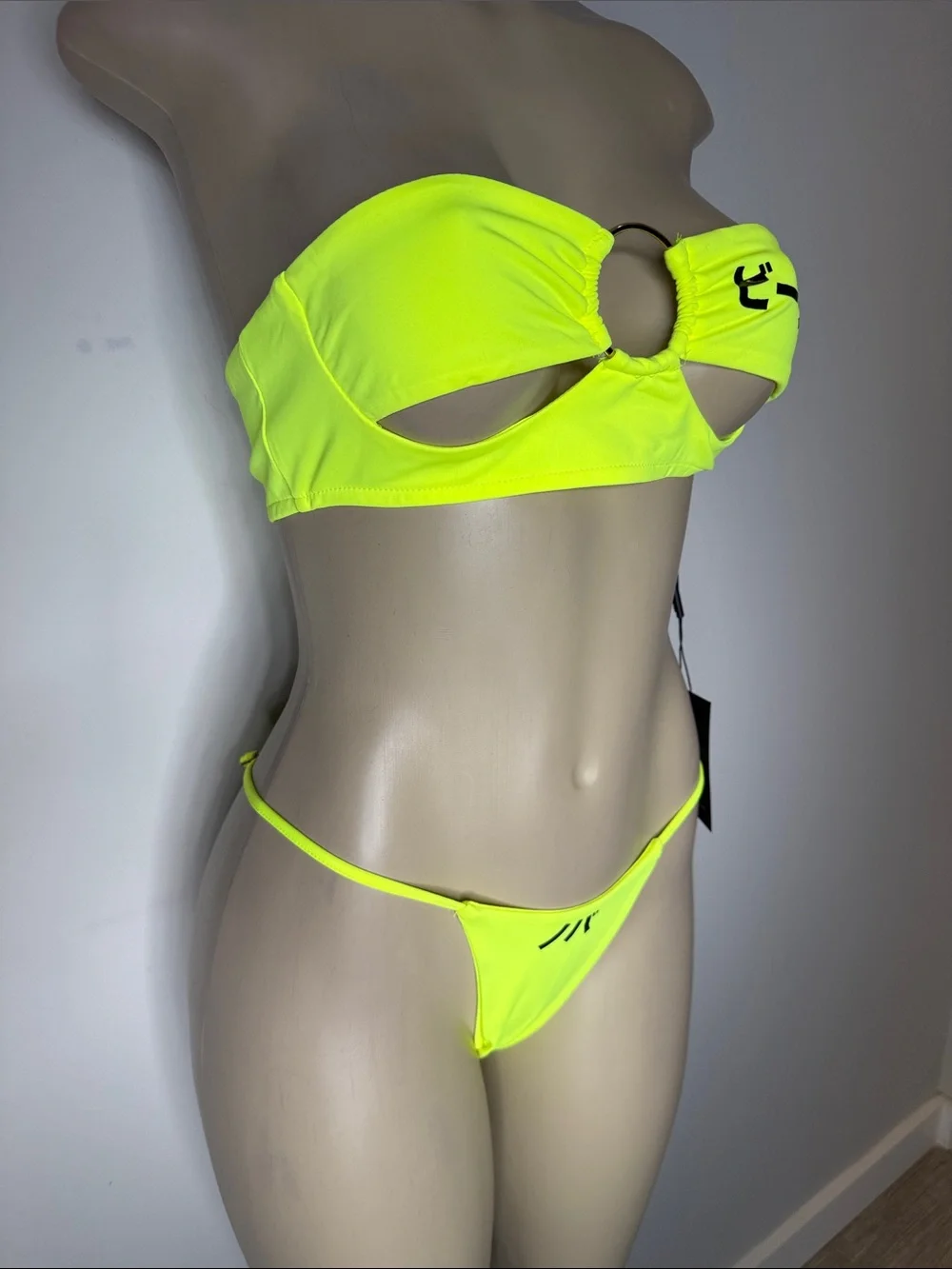 Fashion Nova Neon Yellow Ring Cutout Bandeau Bikini